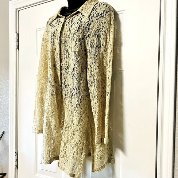 VTG 90s Cream Lace Collar Shell Button Down Tunic Shirt Shacket Split Hem Top L - Picture 3 of 16